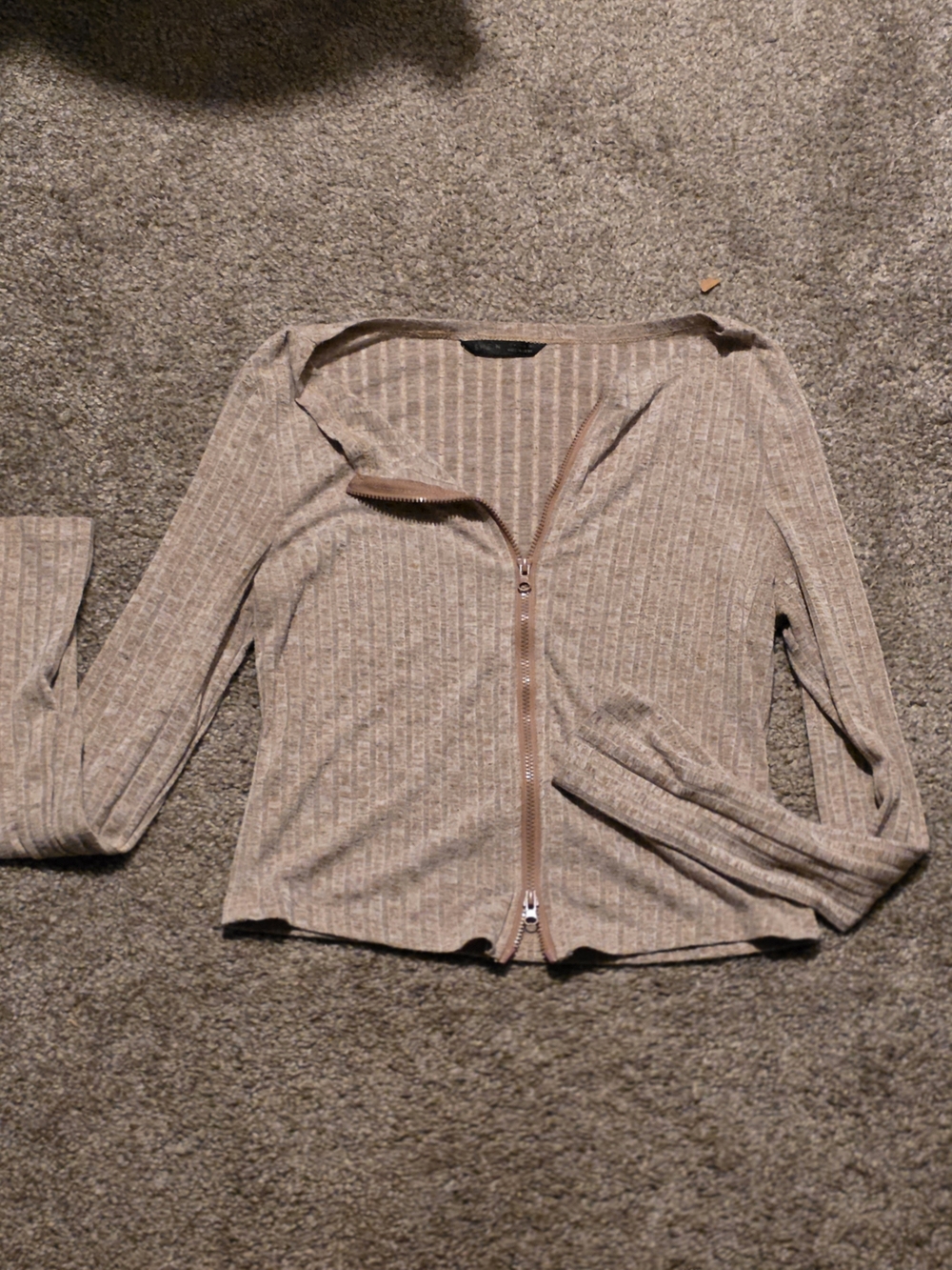 SHEIN Ribbed Zip-Front Long Sleeve Top in Beige